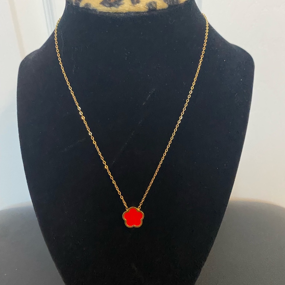 Gold Necklace with Red Flower Pendant Stainless Steel 19”